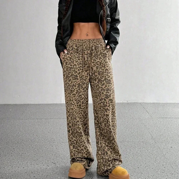 Khaki Casual Women's Leopard Print Loose Wide Leg Palazzo Pants - Picture 1 of 6